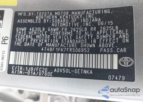 2015 Toyota Camry Le from USA, damaged, VIN 4T4BF1FK7FR506952
